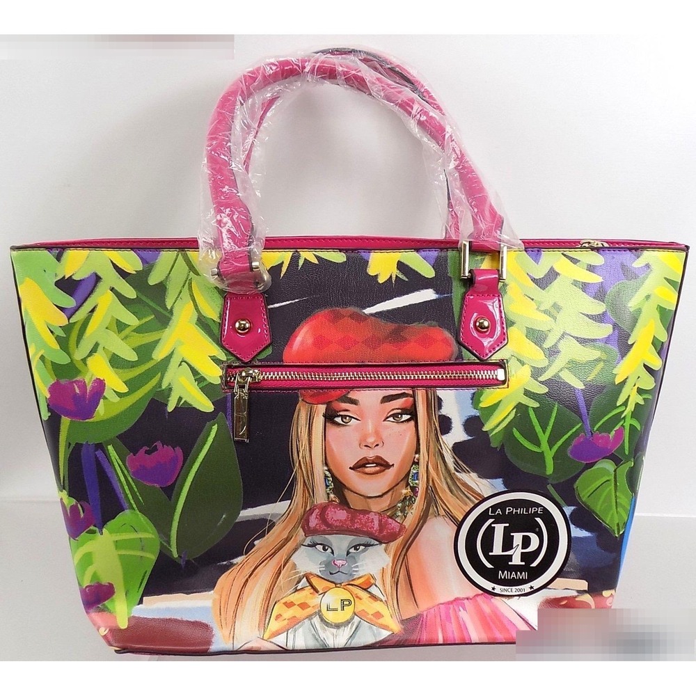 La Philipe Miami Tote Bag Pink Patent Trim Tropical Graphic Print NWT